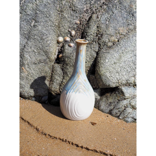 Blue Mid-Century French Rhoda Cloudware Blue, Grey and White Vase With Stripped Shape For Sale - Image 8 of 13