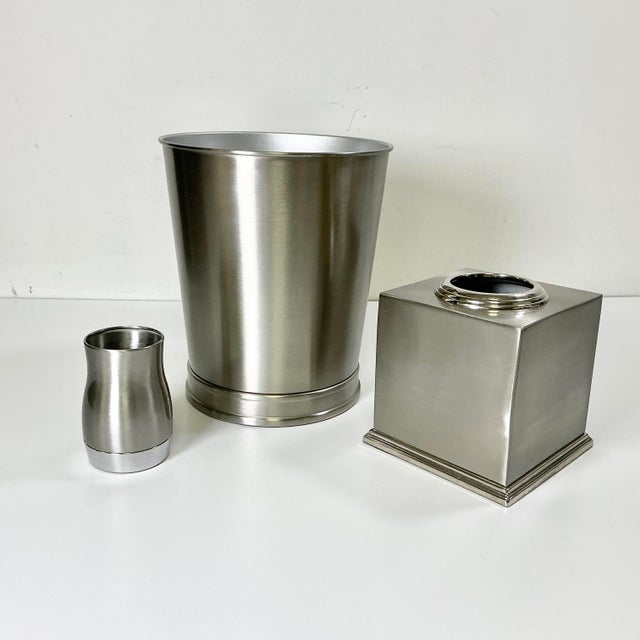 1990s Vintage Contemporary Modern Nickel Satin Finish Bathroom Wastebasket, Tissue Box Cover - Set of 3 For Sale - Image 4 of 10