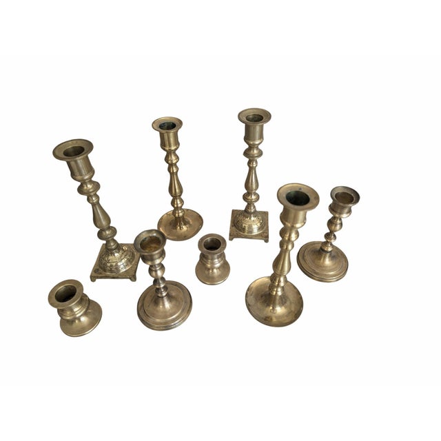 Mid 20th Century Vintage Brass Candlestick Holders for Thanksgiving Tablescape- Set of 8 For Sale - Image 5 of 8