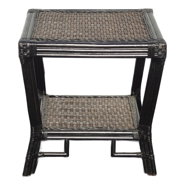Black Vintage Chinese Chippendale Bamboo Rattan End Table For Sale