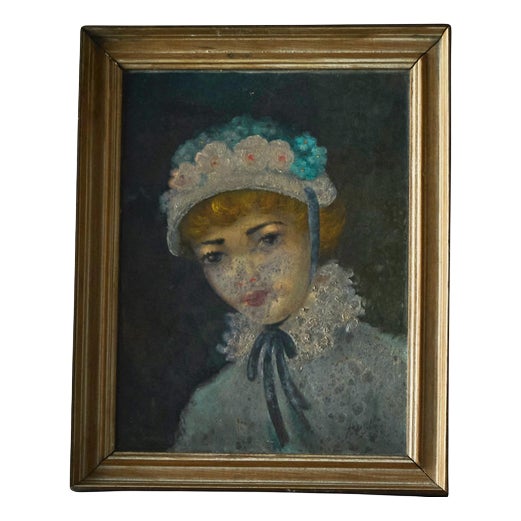 Belgian Interbellum Artist, Portrait of a Woman in Flowered Bonnet, 1920s-1940s, Oil Painting, Framed For Sale