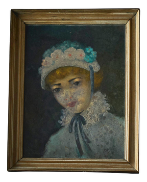 Belgian Interbellum Artist, Portrait of a Woman in Flowered Bonnet, 1920s-1940s, Oil Painting, Framed