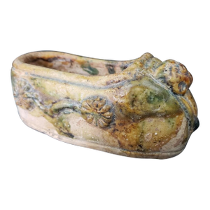 Circa 700-850 Ce Chinese Sancai Glazed Earthenware Clay Lotus Shoe Form Mingqi Tomb Figure (Tang Dynasty).