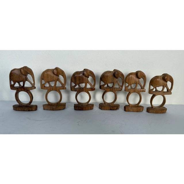 Late 20th Century Hand Carved Wood Elephant Safari Napkin Rings—Boho Kitchen Made in Africa- Set of Six For Sale In Indianapolis - Image 6 of 9
