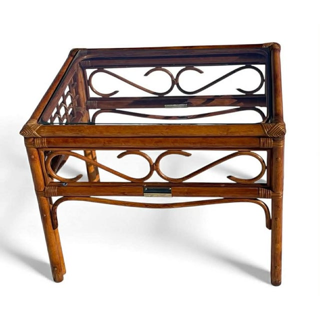 1970s Vintage French Country Bamboo Rattan Brass Accents End Tables Side Tables W Glass Top For Sale - Image 5 of 17