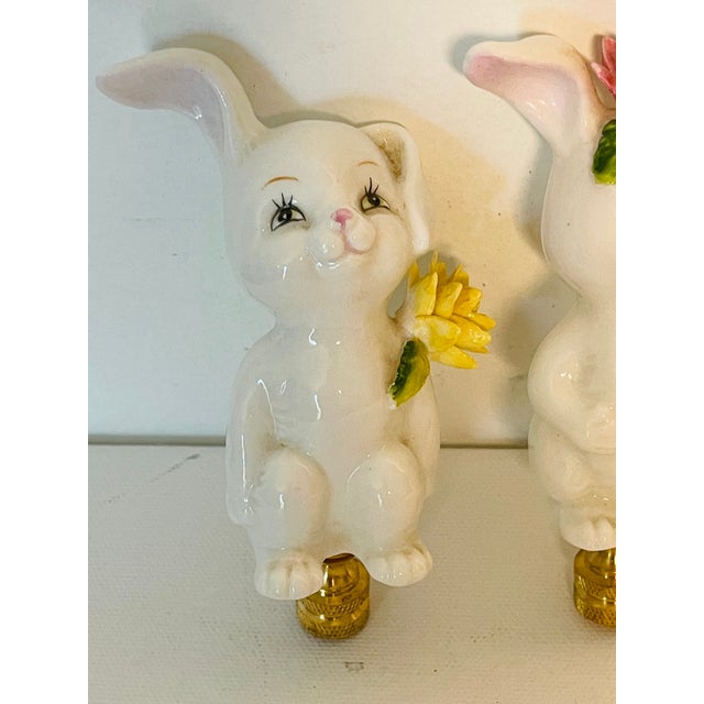 1970s 1970s Whimsical Porcelain Rabbit Pair Lamp Finials For Sale - Image 5 of 6