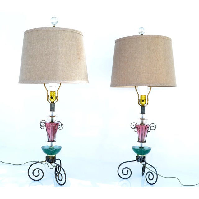 Set of Van Teal Mid-Century Modern clear, pink and green Lucite Table Lamps. Come with Harps and Gold Shades. US wired, UL...