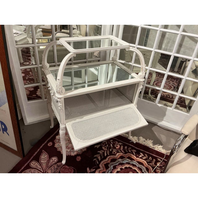 French Antique White Cane/Wood Mirrored Storage Table For Sale - Image 3 of 4