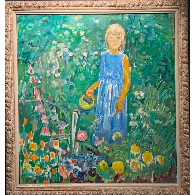 Green Gleb Savinov, Little Girl in the Garden Flowers, 1990s For Sale - Image 8 of 8