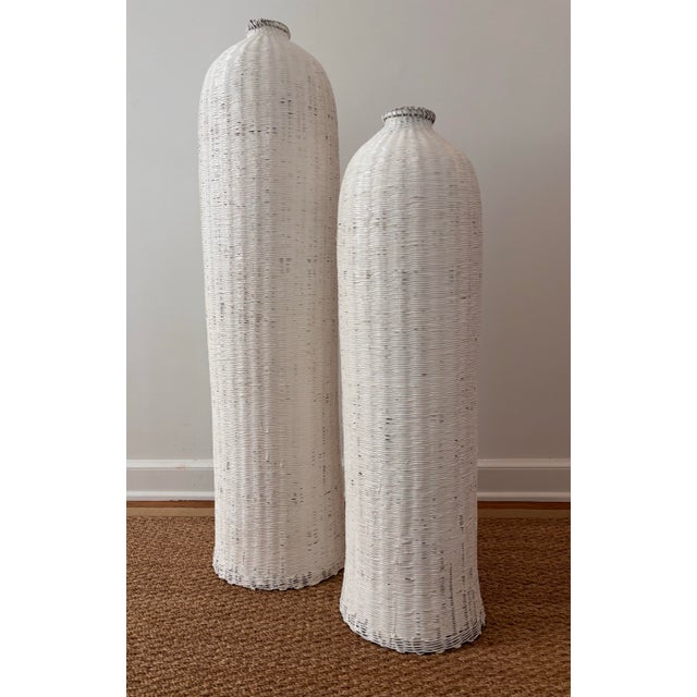 Antique White Panted Wicker Tall Fish Baskets For Sale - Image 10 of 10