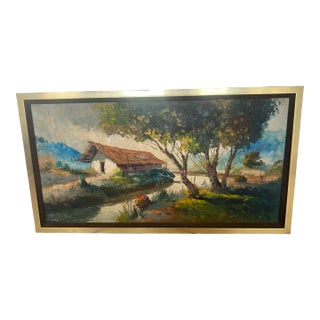 1960s Mid Century Modern House in Forest Landscape Painting With Gold Frame Signed Manuel Munoz Merida For Sale