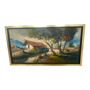 1960s Mid Century Modern House in Forest Landscape Painting With Gold Frame Signed Manuel Munoz Merida