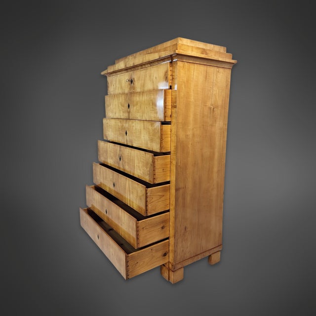 Biedermeier Maple Veneer Pillared Chest of Drawers with Pointed Gable, Thuringia, 1820s For Sale - Image 4 of 11