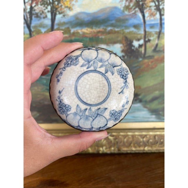 Blue Possibly Antique Chinese Blue and White Porcelain Lidded Box With Bronze Toned Mounts, Late Qing Dynasty. For Sale - Image 8 of 10