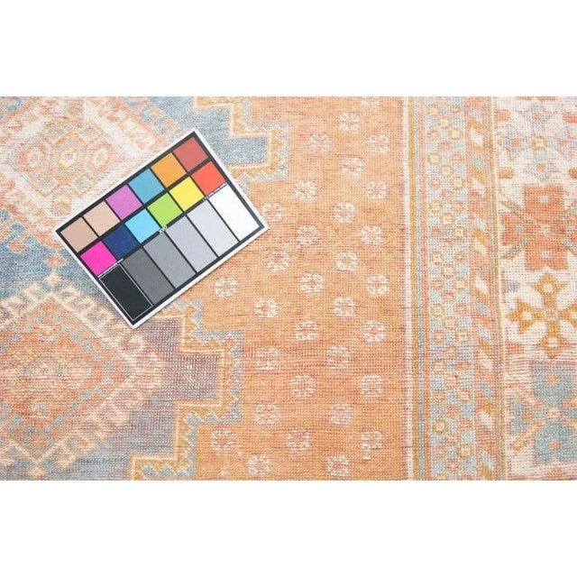 Textile 1940s Vintage Medallion Geometric Floral Apricot & Blue Hand-Knotted Rug- 4’2” x 5’4” For Sale - Image 7 of 11