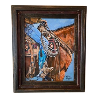 "Taking a Break" Original Acrylic Painting, Willie Britt ~ Captures the Cowboy and His Horse Patiently Wait for the Next Move. For Sale