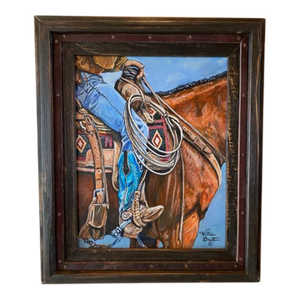 "Taking a Break" Original Acrylic Painting, Willie Britt ~ Captures the Cowboy and His Horse Patiently Wait for the Next Move.