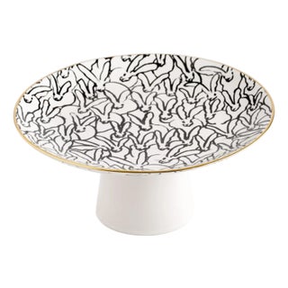 Rabbit Run Footed Dessert Plate With Hand-Painted Gold Rim For Sale