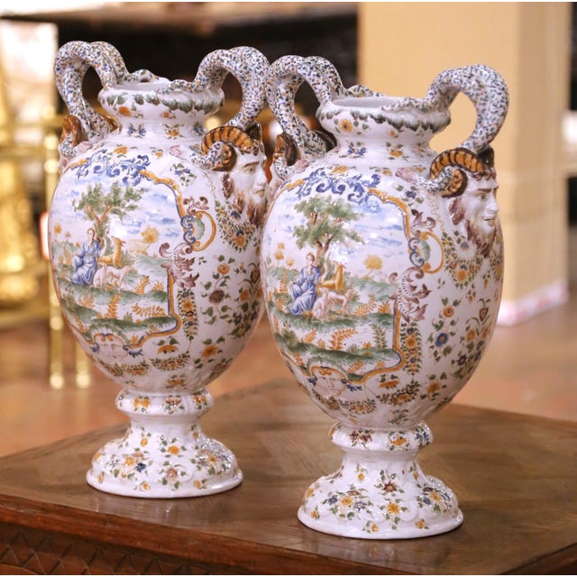 Late 19th Century Pair of 19th Century French Moustiers Faience Vases With Ram’s Head Handles For Sale - Image 5 of 12