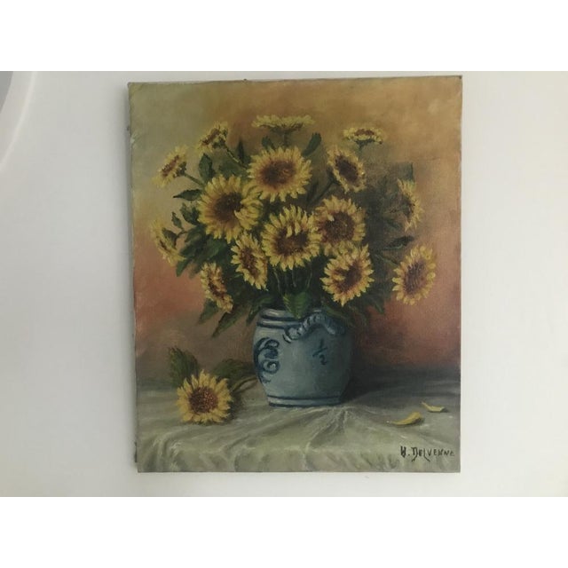 Sunflowers in a Ceramic Vase, Oil Painting on Canvas For Sale - Image 14 of 17
