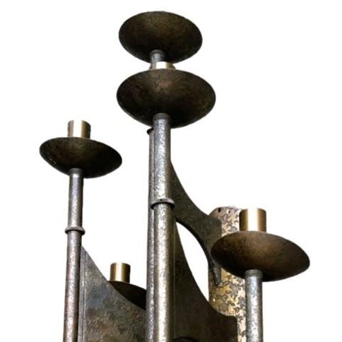 Pair of Large 43" H Brutalist Bronze Sconces From Famed Mid 20th Century Modern Shaare Zedek Synagogue in St. Louis - Made in 1950s For Sale - Image 9 of 12