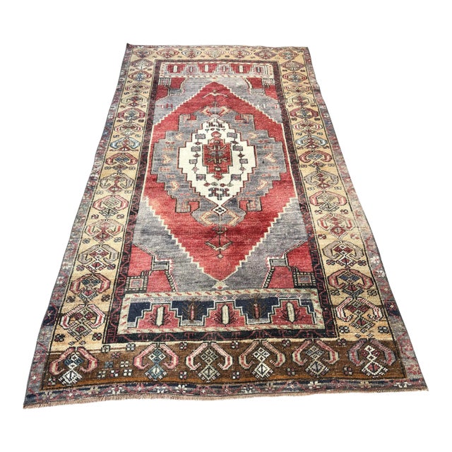 1960s Vintage Tribal Handmade Floral Wool Rug- 4′2″ × 8′5″ For Sale
