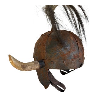 Unusual Vintage Riveted Steel Horn and Leather Viking Helmet For Sale