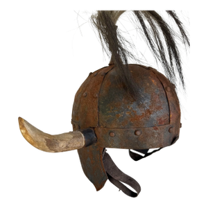 Unusual Vintage Riveted Steel Horn and Leather Viking Helmet