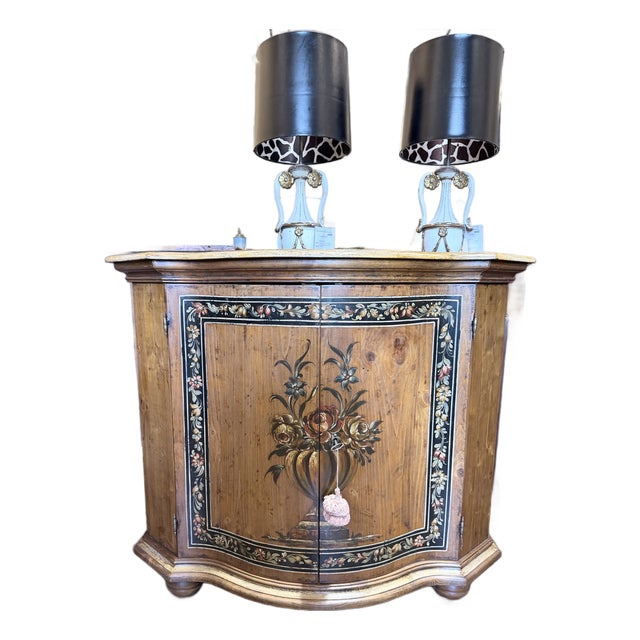 Vintage Italian Hand-Painted Floral Console Cabinet With Serpentine Front For Sale