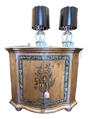 Vintage Italian Hand-Painted Floral Console Cabinet With Serpentine Front