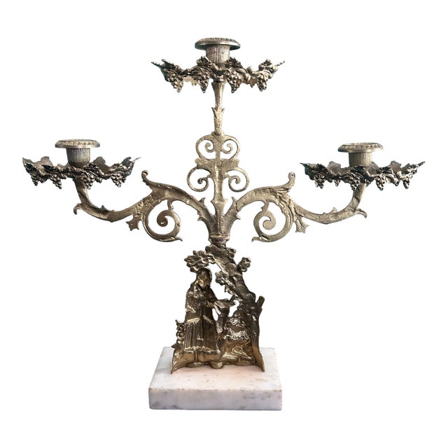 Antique Victorian Brass Figural Girandole Candelabra c.1850-1870 Marble Base For Sale