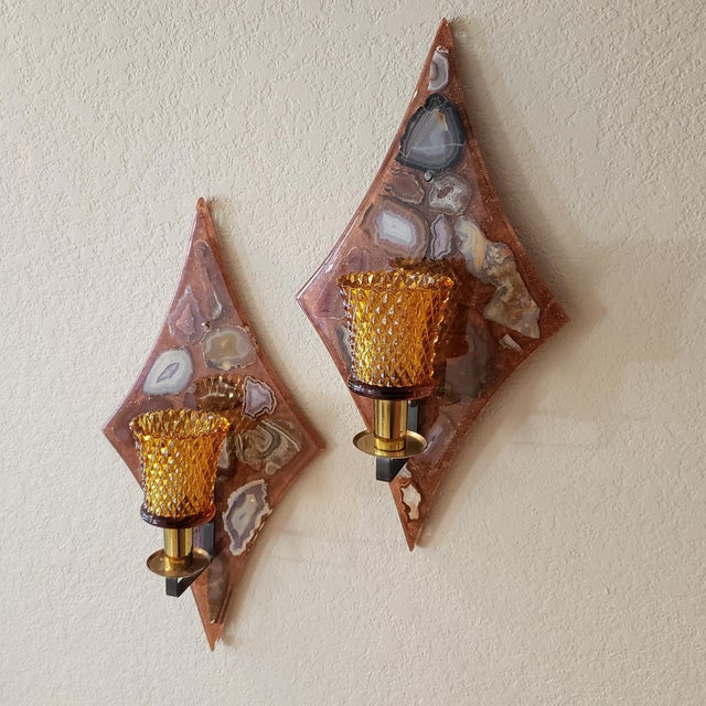 Mid Century Modern Agate Lucite Diamond Candle Wall Sconces A