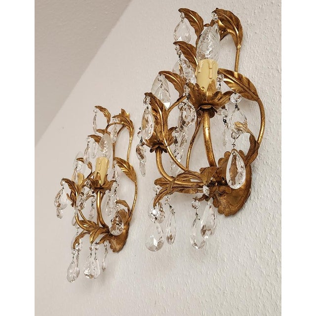 Hollywood Regency Hand-Forged Gold Leaf Gilded Floral 2-Light Wall Lamp with Crystals, 1950s For Sale - Image 17 of 18