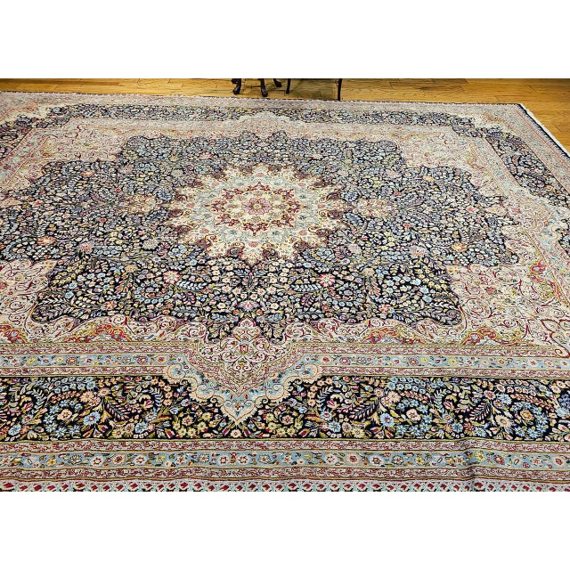 Antique Oversized Persian Kerman Lavar Rug, Hand-Knotted Wool, Millefleur Floral Pattern, Navy & Ivory, 10x14 For Sale In Chicago - Image 6 of 17