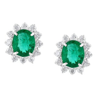 8 Ct Oval Colombian Emerald & 2.5 Ct Diamond Post Back Earrings 18 Kt White Gold For Sale