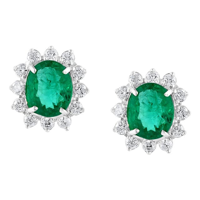 8 Ct Oval Colombian Emerald & 2.5 Ct Diamond Post Back Earrings 18 Kt White Gold For Sale