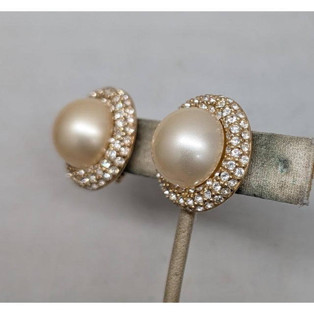 Metal Vintage 1980s Signed Ciner Goldtone Faux-Pearl & Pavé Clear Rhinestone Clip Earrings-2 Pieces For Sale - Image 7 of 7