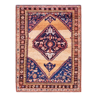 1880s Camel Medallion Tribal Antique Hand Knotted Persian Bijar Rug 4'5" X 5'9" Wool Carpet For Sale