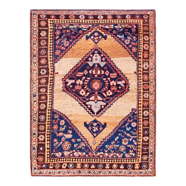 1880s Camel Medallion Tribal Antique Hand Knotted Persian Bijar Rug 4'5" X 5'9" Wool Carpet For Sale