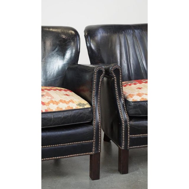 Set of Black Armchairs with Reversible Kilim Seat Cushion For Sale - Image 11 of 18