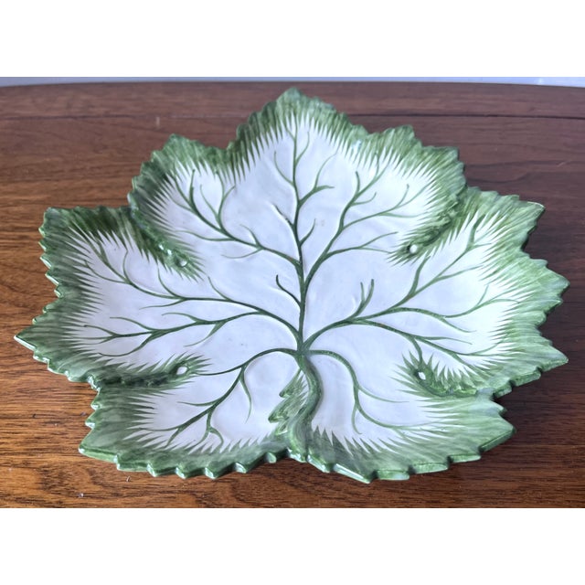 Vintage Hand-Painted 10" Faience Leaf Dish-Portugal For Sale - Image 4 of 7