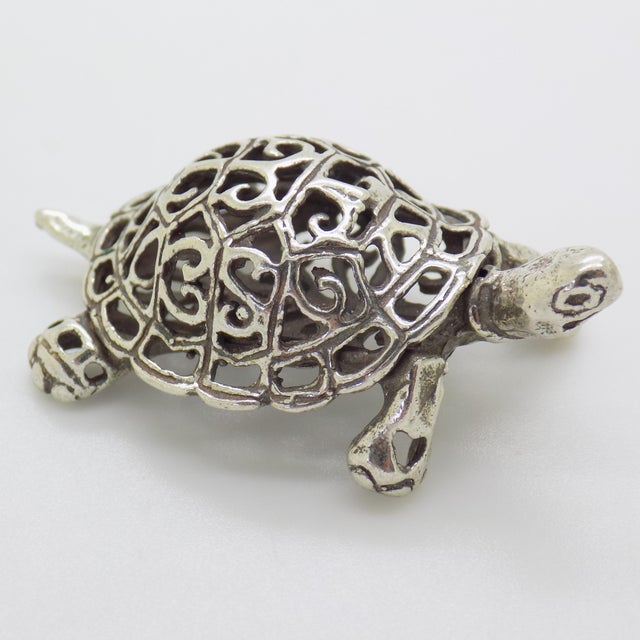 Vintage Italian Handmade Genuine Silver Perforated Turtle Figurine Miniature For Sale - Image 6 of 12