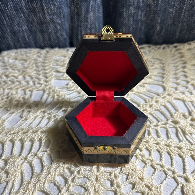 Spanish Vintage Hexagonal Wooden Marquetry Jewelry Box For Sale - Image 3 of 5