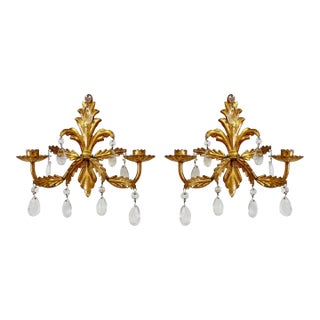 Vintage Hollywood Regency Style Italian Gilt Crystal Candle Wall Sconces, a Pair For Sale