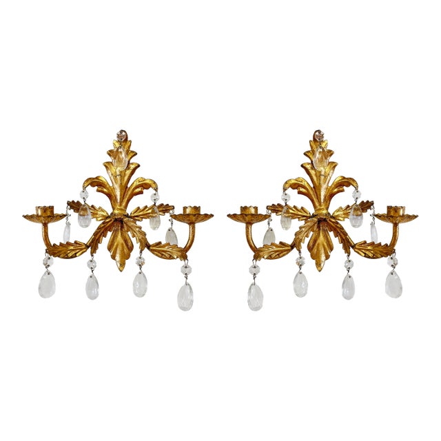 Vintage Hollywood Regency Style Italian Gilt Crystal Candle Wall Sconces, a Pair For Sale