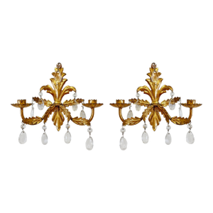 Vintage Hollywood Regency Style Italian Gilt Crystal Candle Wall Sconces, a Pair