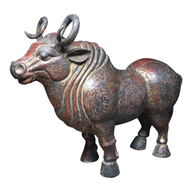 Vintage Bronze Rhinoceros Figure With Archaic Scrollwork – Xiniu Statue For Sale