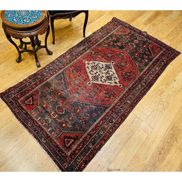 1900 - 1909 Vintage Persian Hamadan Rug, Hand-Knotted Wool, Geometric Medallion Pattern, Moss Green & Red, 4x7 For Sale - Image 5 of 18