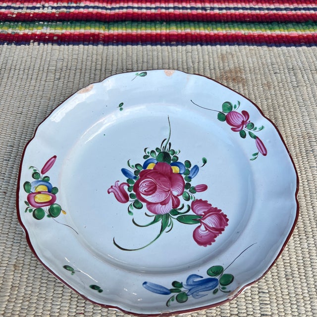 Antique 19th Century French Faience Floral Tin Glazed Earthenware Plate France, circa 1800-1825 red/green floral...