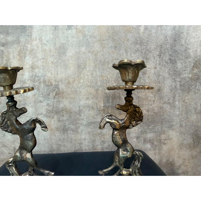 Antiqued Brass Horse Candlestick Pair For Sale - Image 10 of 10
